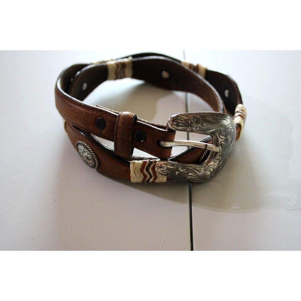 Tony Lama Western Leather Concho Belt Size 32 Brown Braided Silver Buckle